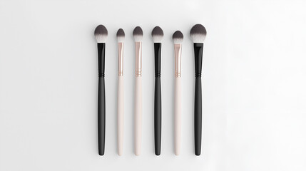 Set of black and white makeup brushes displayed neatly on a white background, isolated on a white background, copy space for text, mock up