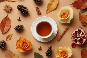 Autumn themed flat lay tea cup dried leaves roses orange circles cones pomegranate cinnamon on a brown beige backdrop