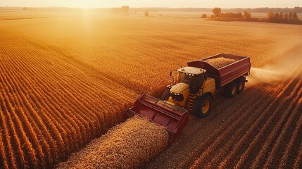 Tractor Harvesting Golden Cornfield at Sunset