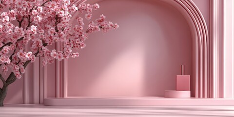Elegant Pink Interior with Cherry Blossom and Perfume Display