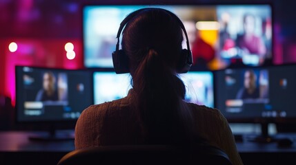 Woman with headphones edits video on multiple monitors in a dark room.