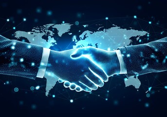 Futuristic handshake composed of glowing digital particles, symbolizing global technology partnerships and innovation.