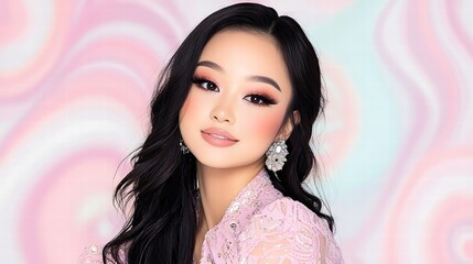 A captivating abstract background filled with swirling colors and textured patterns, offering an artistic environment that elevates the beauty shot. The model is positioned centrally, adorned with