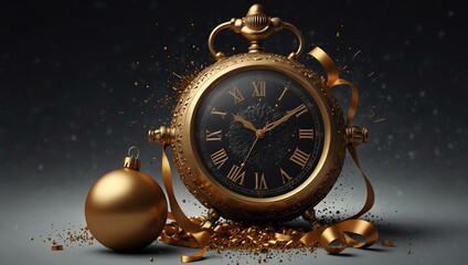 A gold pocket watch, with a gold ornament and ribbon,