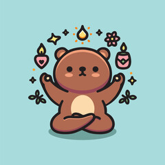 A cute bear meditating. Kawaii Illustration.