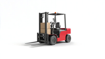 A detailed illustration of a forklift transporting a product box, surrounded by minimal industrial elements, isolated on a white transparent background