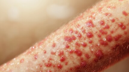 Fototapeta premium Focused view of a forearm with red blemishes and irritated skin, providing a clear depiction of a common skin condition