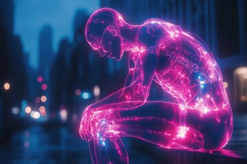 A glowing, abstract figure sits in a cityscape, embodying themes of introspection and technology.