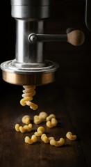 Freshly extruded pasta from traditional pasta maker in rustic setting