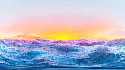A panoramic scene featuring rolling ocean waves under a warm sunset, with rays of sunlight penetrating the waters surface. The colorful gradient in the sky and water creates a harmonious backdrop,