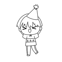 A cartoon character is wearing a party hat and smiling