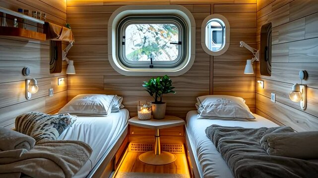 Cozy twin bedroom with modern decor and natural light in a serene location