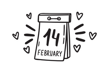 Hand drawn 14 February calendar page of valentines day. Doodle outline isolated design element for greeting cards.