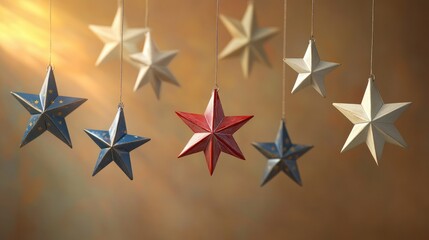 Obraz premium Hanging star decorations in patriotic colors against a warm, softly lit backdrop, evoking a cheerful mood