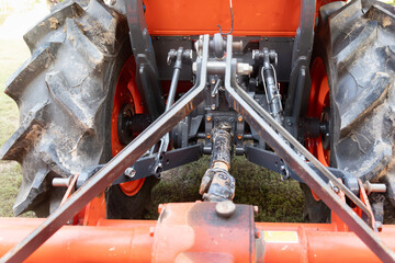 Rear end of farm tractor showing the PTO shaft and three point hitch  is used to connect...