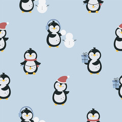 Seamless pattern with cute penguins. Flat vector background. Winter design. Creative texture for fabric, wrapping, textile, wallpaper, apparel.