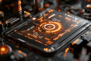 Advanced digital interface displays intricate circuit patterns and glowing elements in a futuristic setting