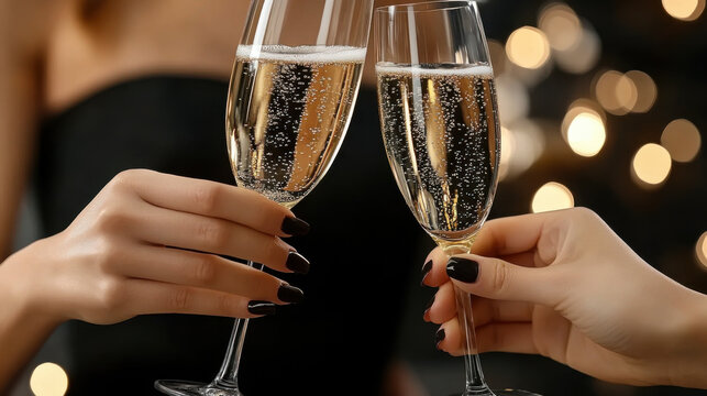People clinking glasses of champagne on blurred background, closeup