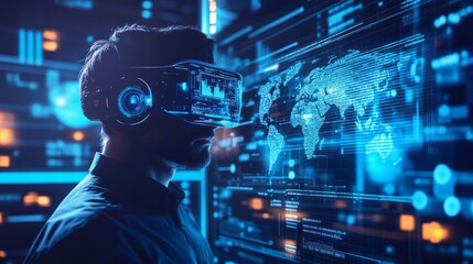 Man wearing VR headset, viewing global data.