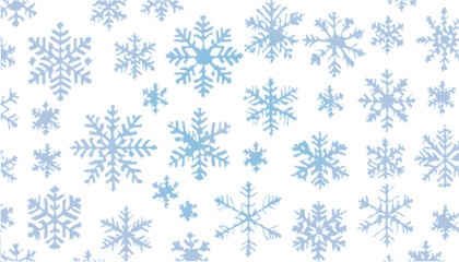 Simple pattern of snowflakes. Set of Ice blue snowflake on transparent or white backdrop. Panoramic winter snow crystal Christmas banner or wallpaper.