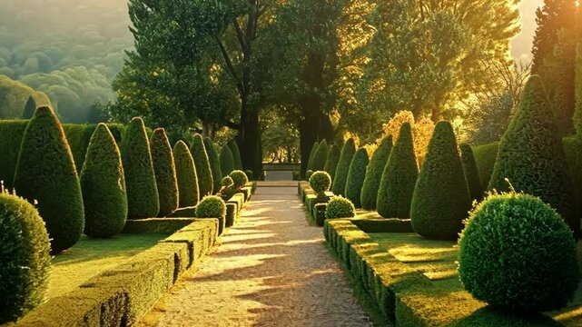 Sunlit Garden Path Lush Greenery Conical Trees Boxwood Landscaping Design