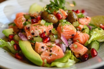 Ceviche with salmon greens avocado capers olives onion pomegranate oil salt dill and finger lime