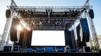 Majestic Stage Concert with blank white screen, sound system and lighting truss, Mockup stage design