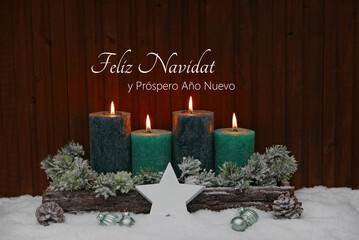 arjeta navideña con saludo de Año Nuevo: Feliz Navidad y Próspero Año Nuevo. Decoración con...