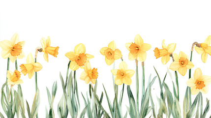 Obraz premium Daffodil field frame or border. watercolor illustration, Perfect for nursery art, simple clipart, single object, white color background. for greeting cards weddings or birthdays