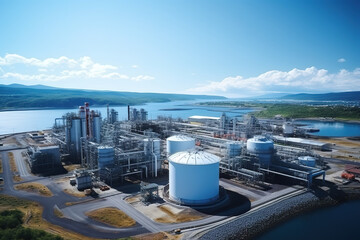 Aerial view capturing LNG facility and storage tanks beside the sea