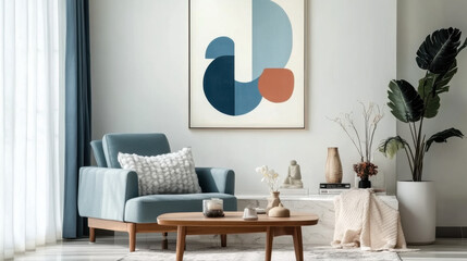 Blue armchair with wooden long coffee table interior design of modern living room