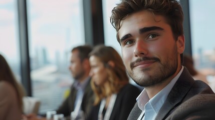 A handsome young businessman is sitting in the audience at an international business conference, listening to industry-leading presenters talk, Generative AI