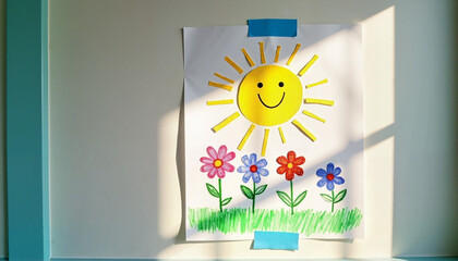 Bright art piece celebrating childhood cancer awareness with cheerful sun and colorful flowers