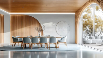 Minimalist interior design of modern dining room with abstract wood paneling arched wall