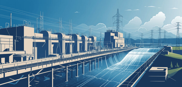 Hydro power plant and industrial energy lines in a vector panoramic artwork