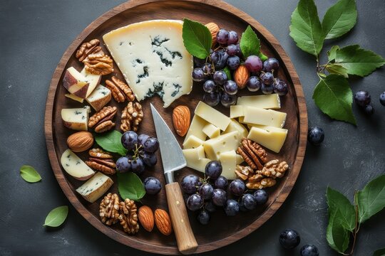 Cheese platter with fruits grapes nuts and a knife on wood tray
