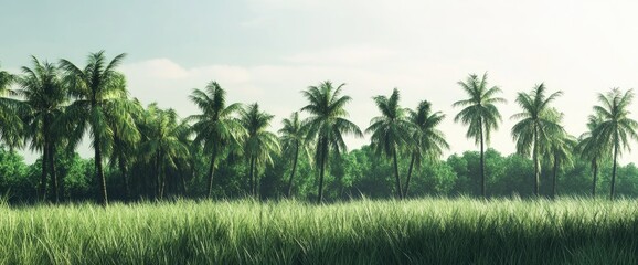 Obraz premium Serene Palm Trees Swaying Gently in Lush Green Grass Under a Calm Sky, Tranquil Tropical Paradise