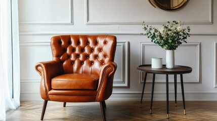 Luxurious brown leather chair placed next to a small side table in a stylish living room.
