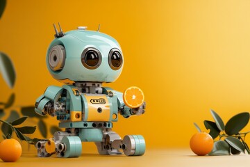 Cute robot holding an orange with a vibrant yellow background and fresh fruits nearby