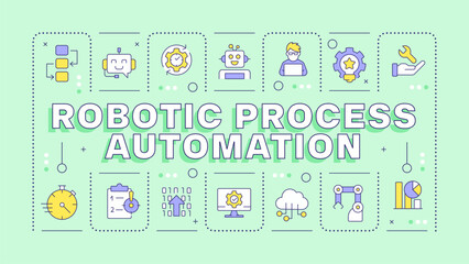 Robotic process automation light green word concept. Using bots for tasks optimization. Typography banner. Vector illustration with title text, editable icons color. Hubot Sans font used