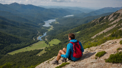 Fototapeta premium Man Hiking to the Peak of a Mountain in Summer Adventure Landscape