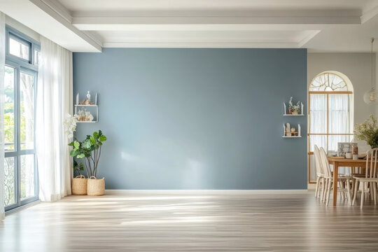Modern interior design of apartment, empty living room with blank blue wall