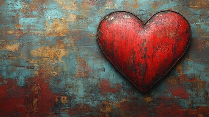 A weathered red heart against a textured blue and orange background.