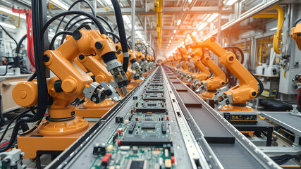 A high-tech electronics production line assembling circuit boards, featuring automated precision robots and conveyor belts