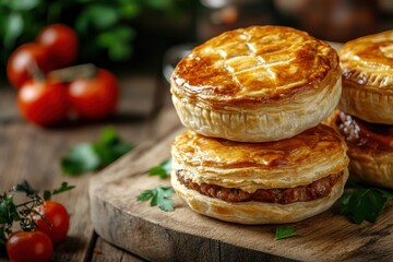 Classic Australian meat pie on wood Savory puff pastry filled with meat