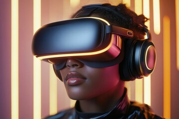 Person engages in virtual reality experience amid glowing neon lights and futuristic ambiance