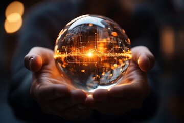Fototapeta premium Light and data converge in a translucent globe held by hands, symbolizing innovation and technology