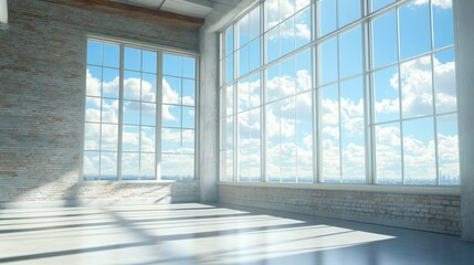 Modern loft with expansive windows and a clean, open design overlooking a sunny blue sky.