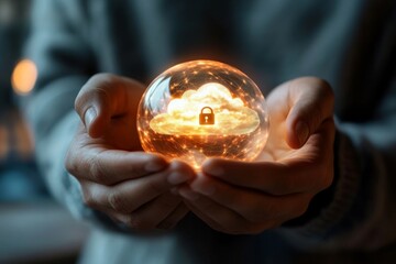 Futuristic technology concept showcasing a glowing orb with a lock symbol representing cloud...