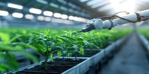 An intelligent robot arm meticulously tends to green plants in a luminous greenhouse, symbolizing innovation in agriculture.